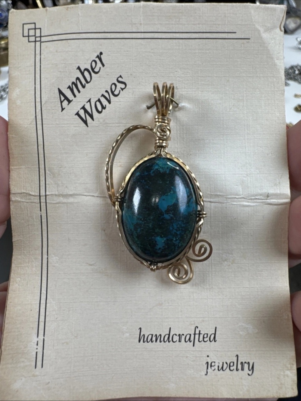 Amber Waves Chrysocolla 14 Karat Gold Plated Wrapped Pendant Hand Cut